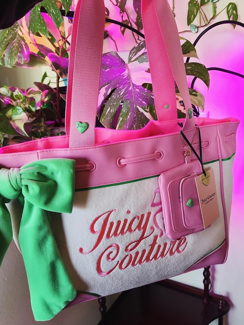 Juicy Couture Pink Tote with Green Bow Accent